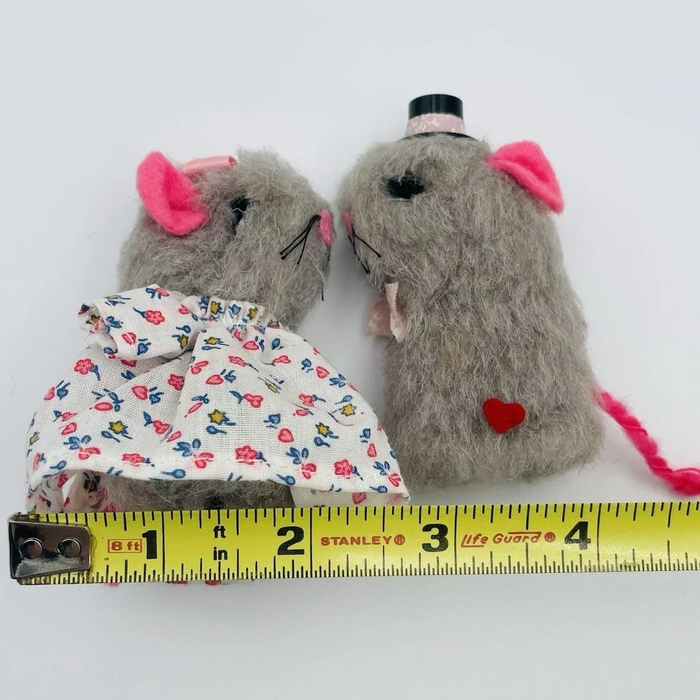 Vintage Handmade Fuzzy Grey Mouse Couple Plush Figurines Wedding Set 3.5‎ Inch